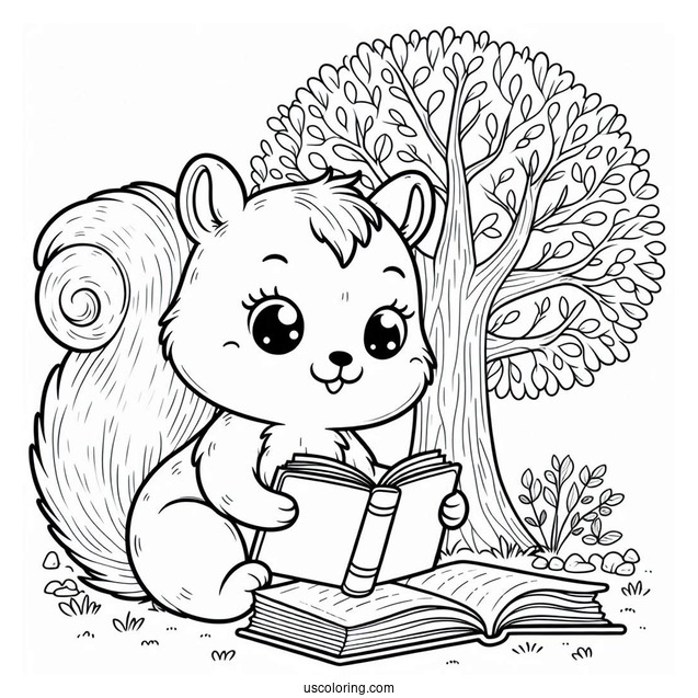 Cute Squirrel Coloring Page Reading Book On Top Of Tree