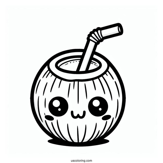 Cartoon Coconut Coloring Page Drink With Straw For Preschoolers