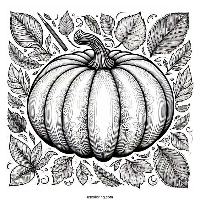Detailed Pumpkin Coloring Page With Leaves