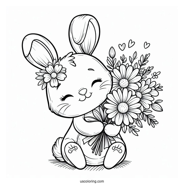 Happy Easter Bunny Coloring Page Holding Flower Bouquet For Kids