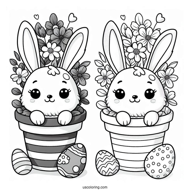 Easter Coloring Page Of Happy Easter With Bunny In A Flower Pot