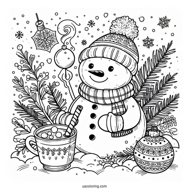 Snowman Holding Hot Chocolate In The Snow Bauble Christmas Ornaments Coloring Page