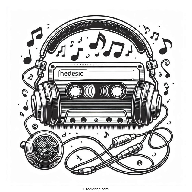 Music Coloring Page Of Retro Cassette Tape With Headphones
