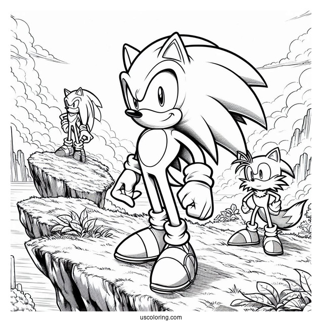 Detailed Sonic,, Knuckles, And Tails Coloring Page Standing On Cliff