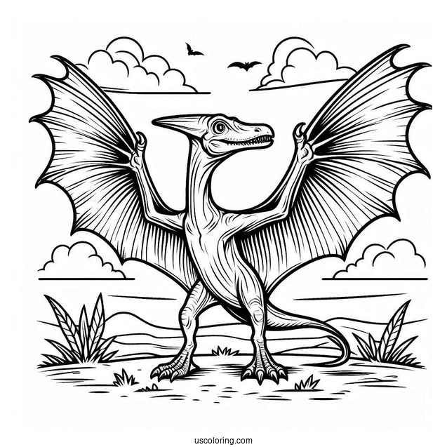 Scary Pterodactyl Coloring Page Standing On The Ground And Spreading Wings