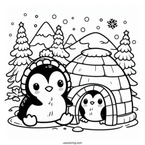 Cute Penguin With Igloo Coloring Sheet