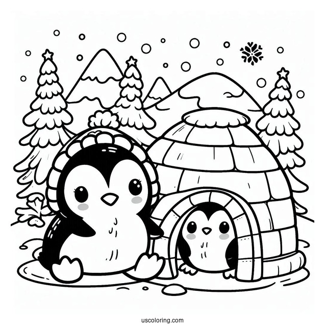 Cute Penguin With Igloo Coloring Sheet