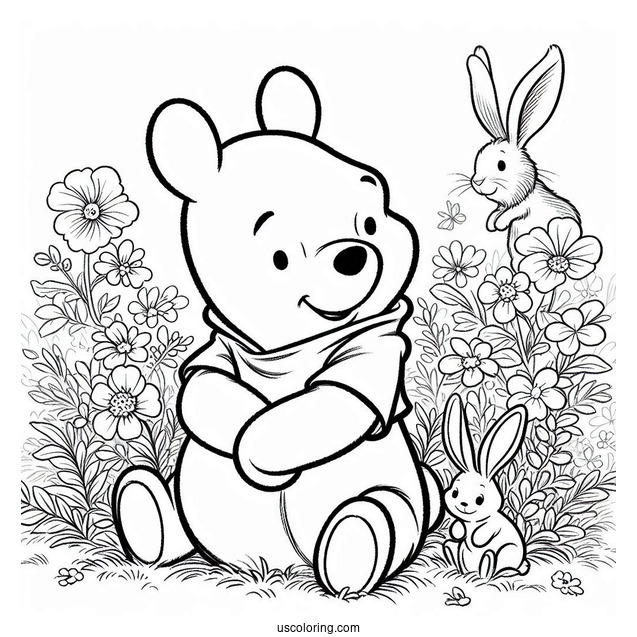 Winnie The Pooh Sitting On A Flower Field With A Rabbit Coloring Page