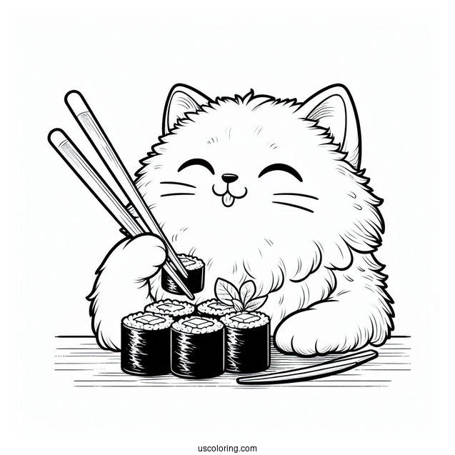 Fluffy Cat Eating Sushi Coloring Pages With Chopsticks For Kids