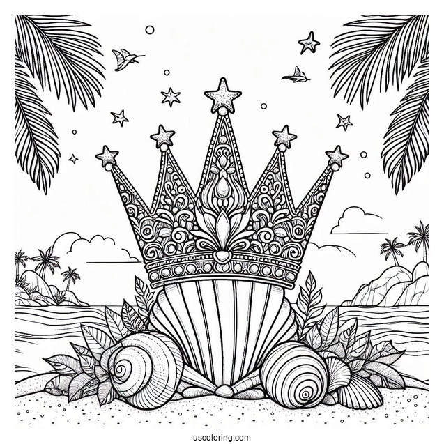 Seashell Crown Coloring Page on a Tropical Beach