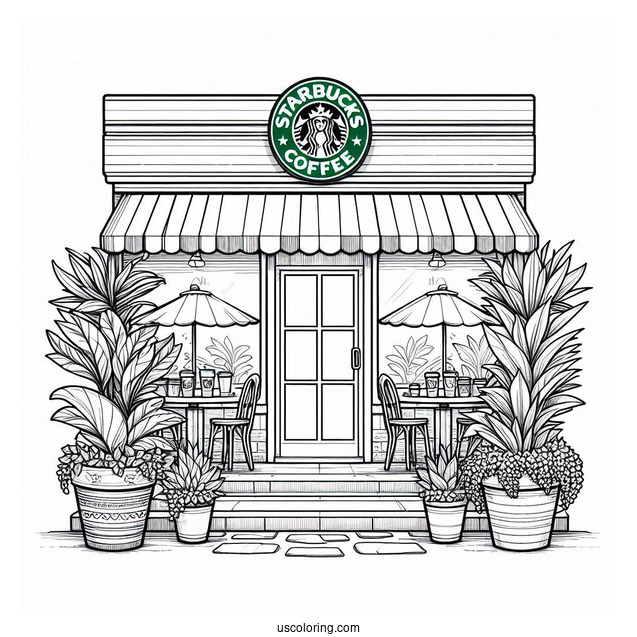 Starbucks Coloring Page Of Cafe With Potted Plants
