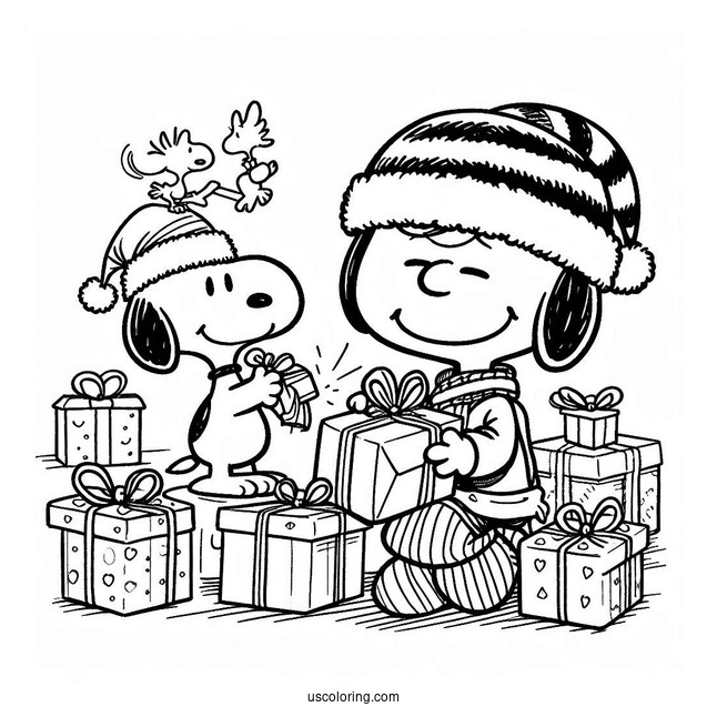Snoopy And Woodstock Unwrapping Gifts During Christmas