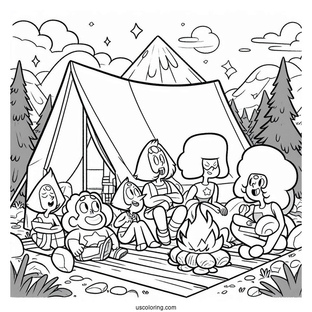 Steven Universe Coloring Page Of Glamping With Peridot, Amethyst, Pearl, Connie, Bismuth, Lapis Lazuli, Ruby, And Sapphire