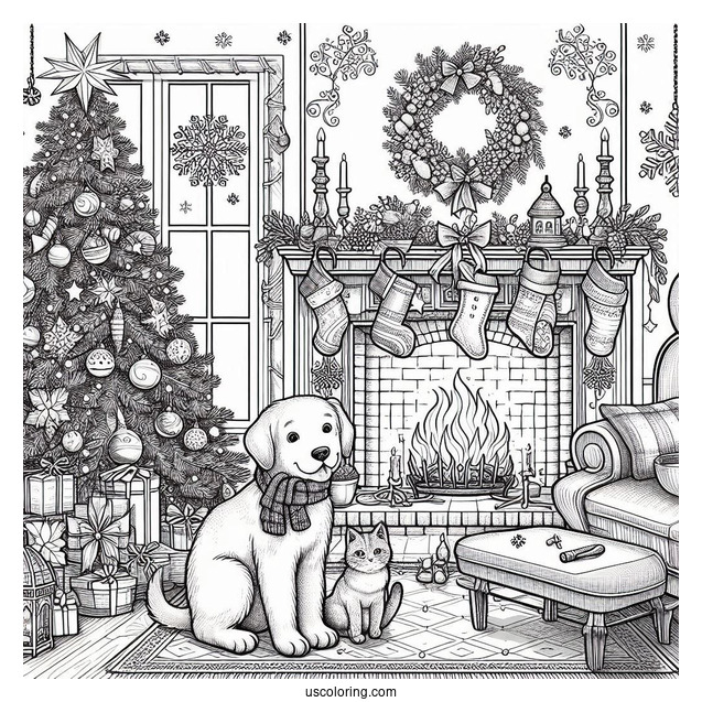 Christmas Coloring Pages For Adults Of Detailed Christmas Living Room With Dog And Cat In Front Of Fireplace
