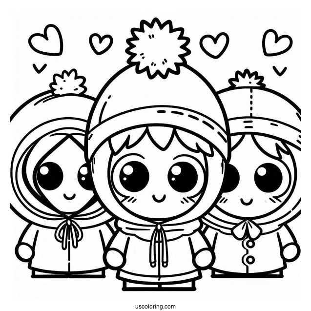South Park Coloring Page Of Kawaii Kenny, Kyle, Eric, And Stan For Kids