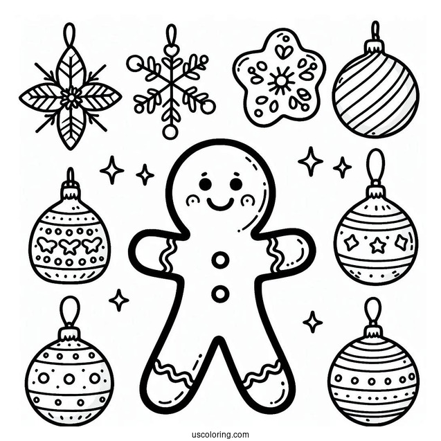 Smiling Gingerbread Man Christmas Ornaments Coloring Page