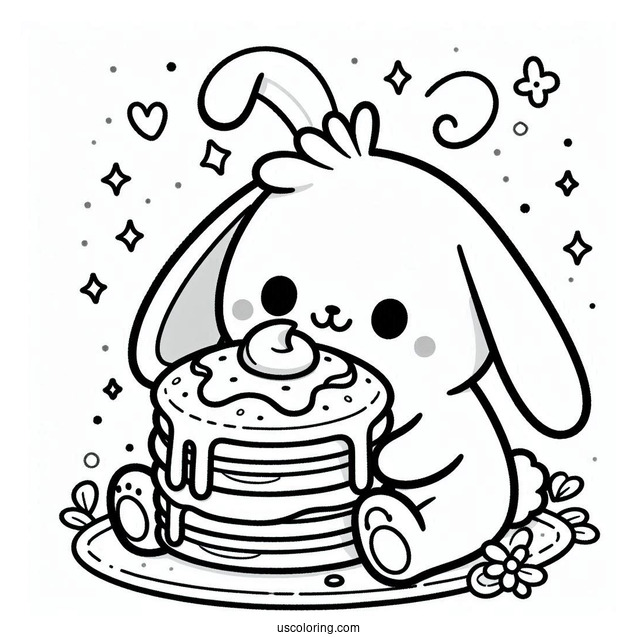 Simple Bunny Eating Fluffy Pancake Coloring Page For Preschoolers