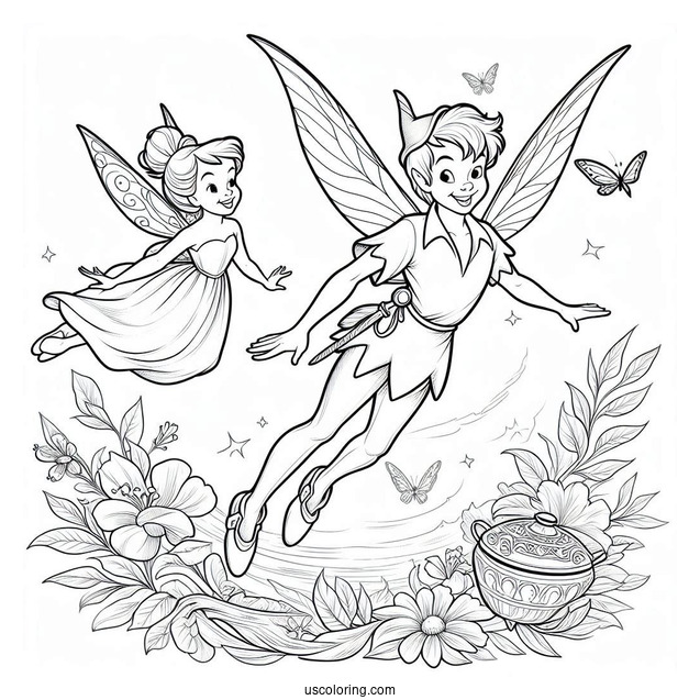 Coloring Sheet Of Peter Pan Flying With Tinker Bell