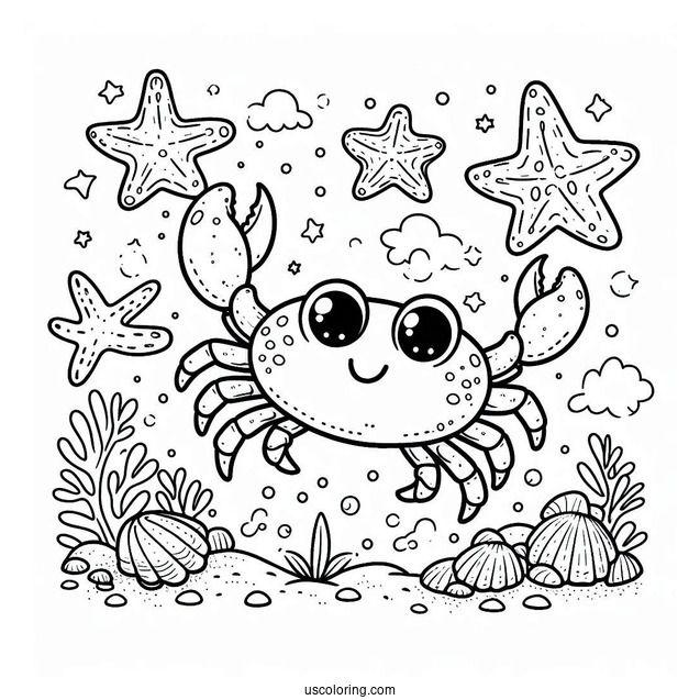 Cartoon Crab Approaching Starfish Coloring Page At Sea