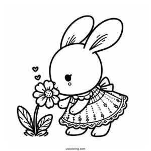Simple Easter Coloring Page Of Bunny In A Dress Sniffing A Flower For Preschoolers
