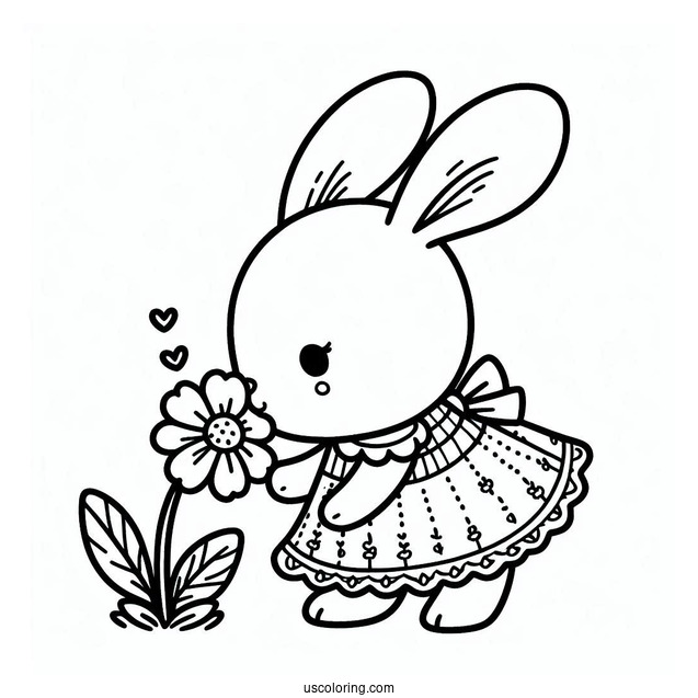 Simple Easter Coloring Page Of Bunny In A Dress Sniffing A Flower For Preschoolers
