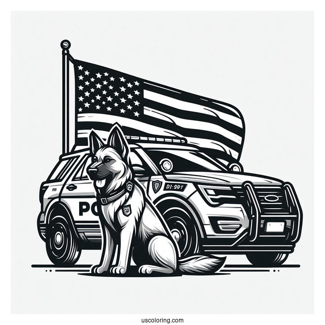 Police K-9 Unit With American Flag To Color