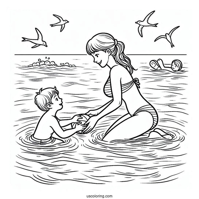 Swimming Coloring Page Of Mother Teaching Son To Swim