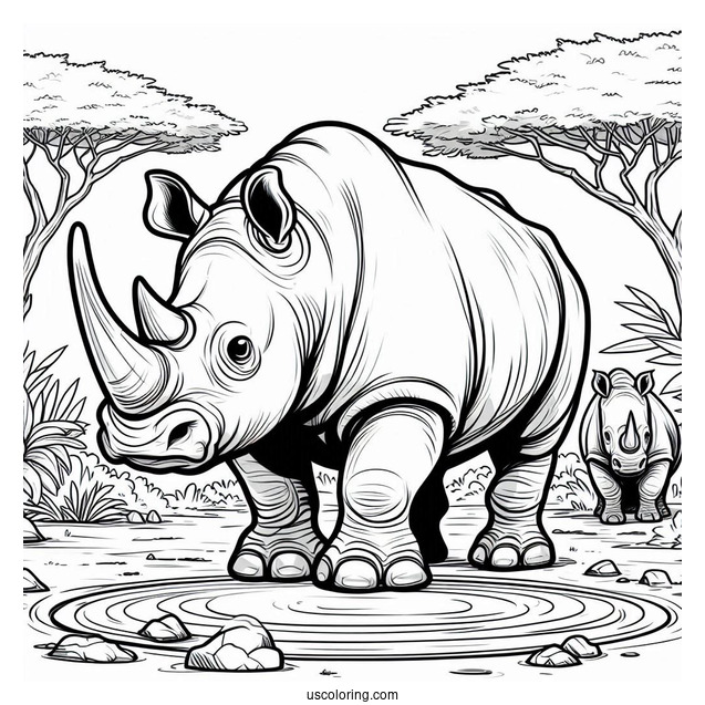 Angry Looking Rhino Next To Watering Hole