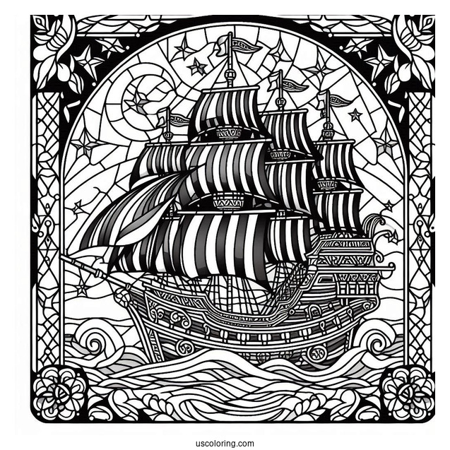 Detailed Pirate Ship Coloring Page Stained Glass