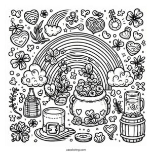 Happy St Patrick_s Day Coloring Page With Rainbow And Lucky Charms