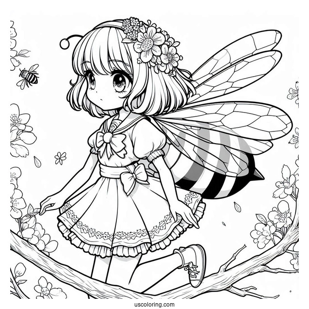 Anime Girl Bee Coloring Page Walking On A Tree Branch