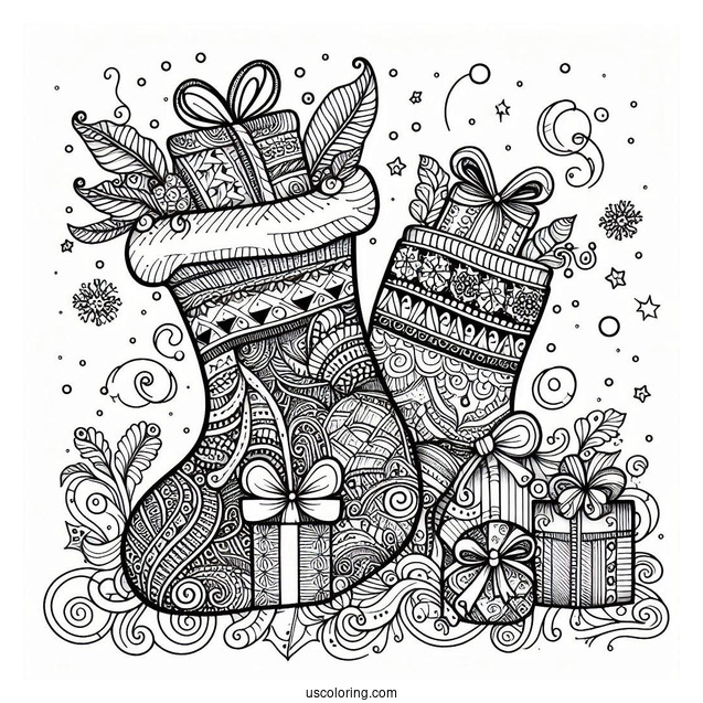 Christmas Coloring Pages For Adults Of Intricate Christmas Stocking Zentangle With Presents Inside