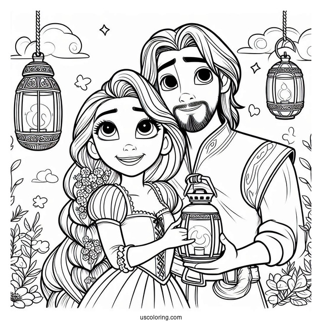 Rapunzel And Eugene With Lanterns To Color