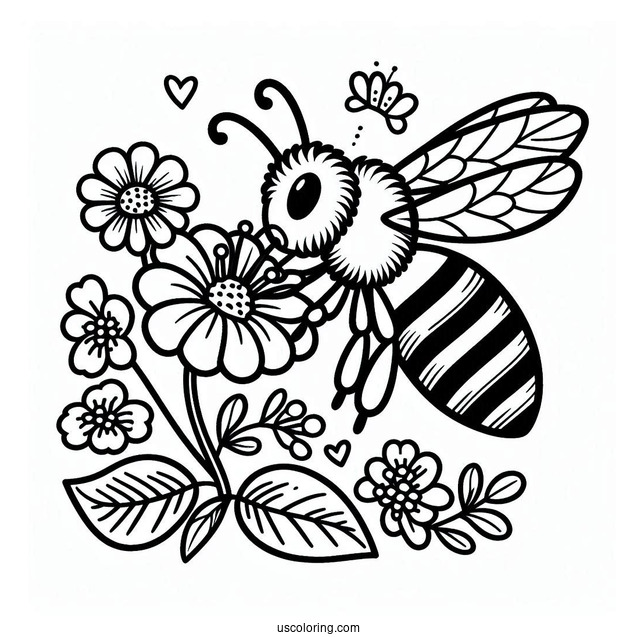 Bee Coloring Page Sucking Nectar From Flower For Kids