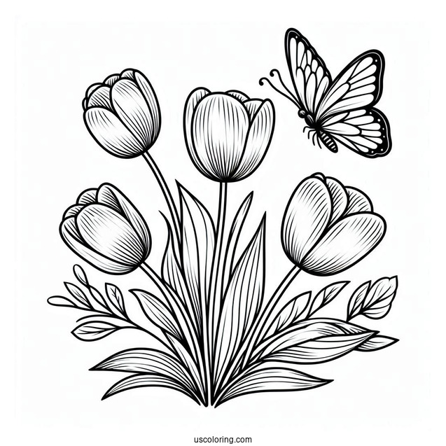 Flower Coloring Pages Of Three Tulips With Butterfly