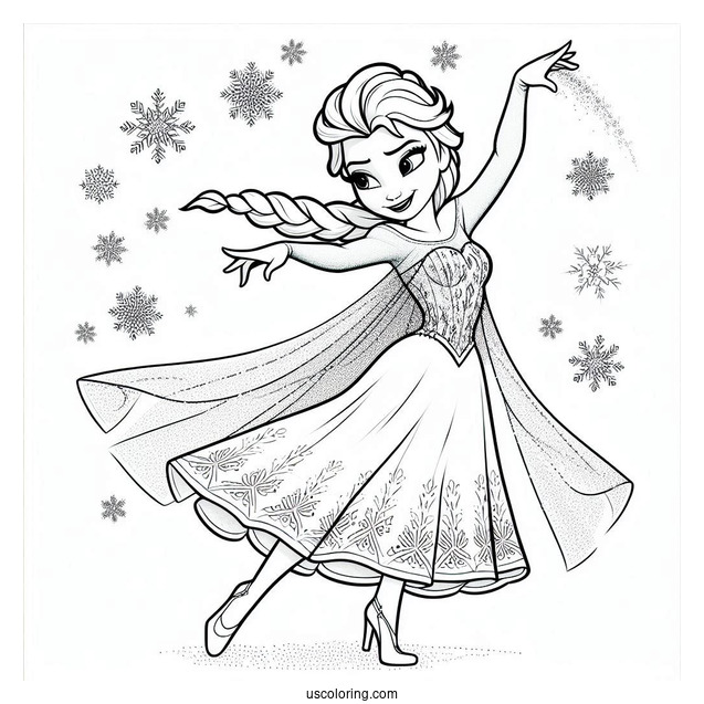 Dancing Elsa With Snow Flakes Coloring
