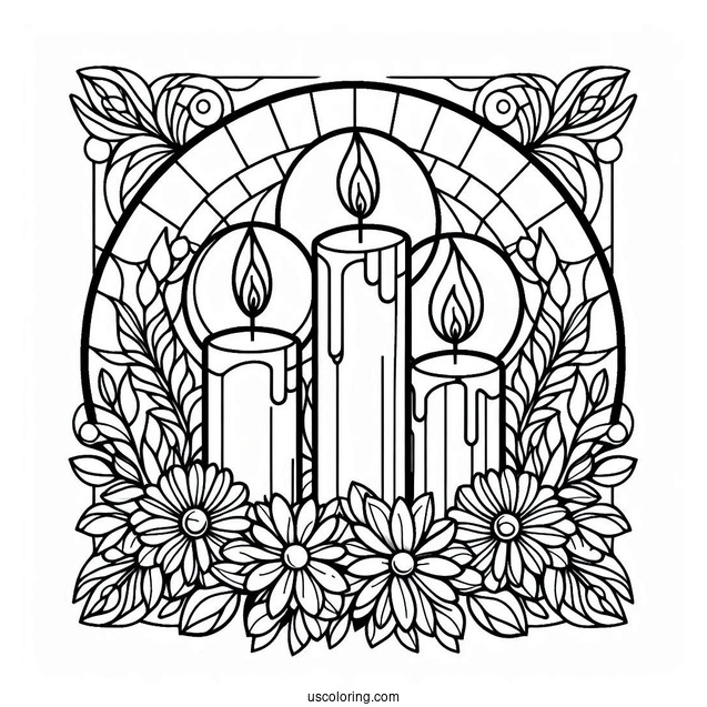 Four Candles Surrounded By Flowers Stained Glass Coloring Page