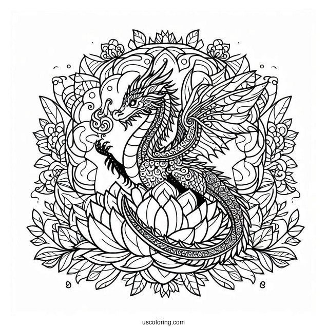 Dragon Behind A Flower Mandala Coloring Page