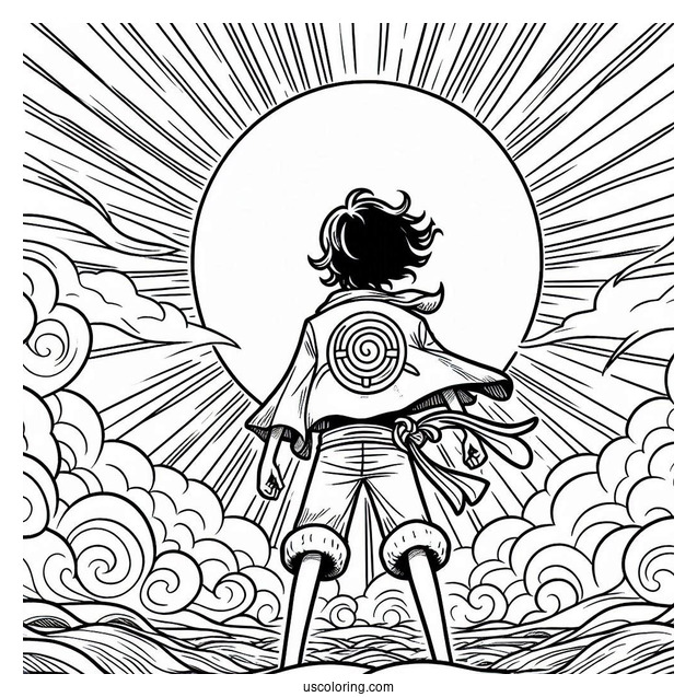 One Piece Coloring Page Of Portgas D. Ace In Front Of Sun