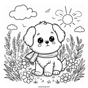 Cute Coloring Page Of Puppy Playing In A Field For Kids