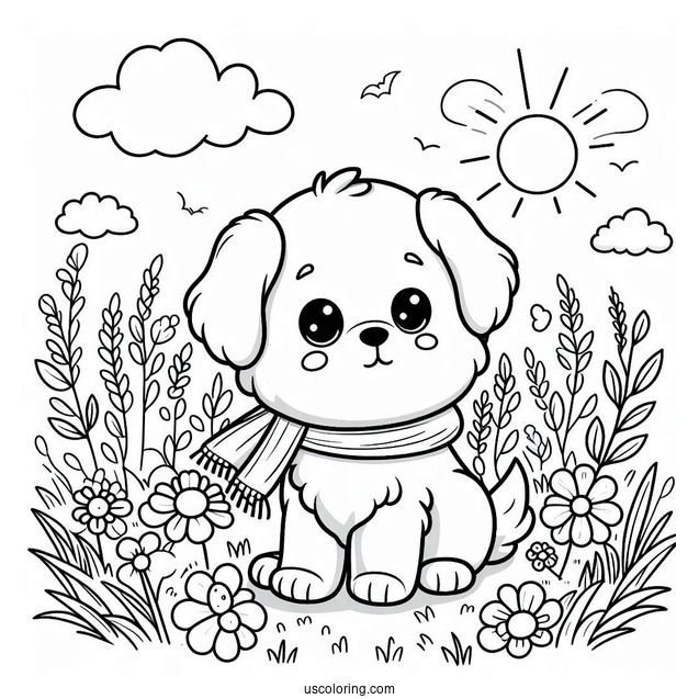 Cute Coloring Page Of Puppy Playing In A Field For Kids