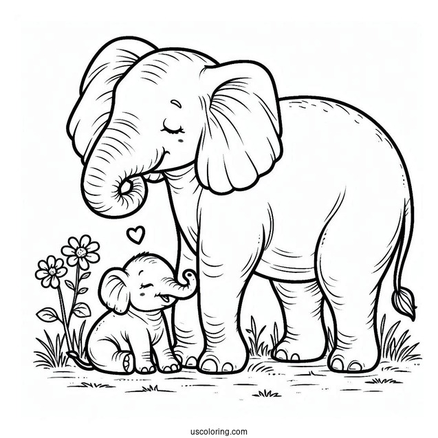 New Born Elephant With Mom Coloring Page