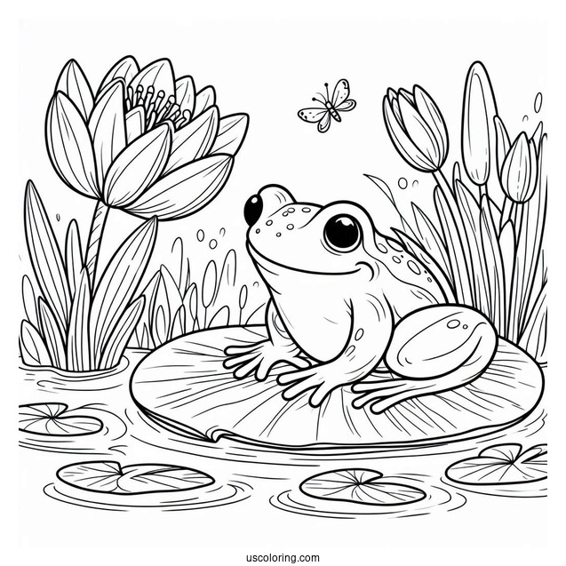 Frog On Lily Pad In Spring Coloring Page