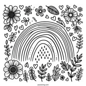 Easy Rainbow With Flowers Coloring Page For Preschoolers