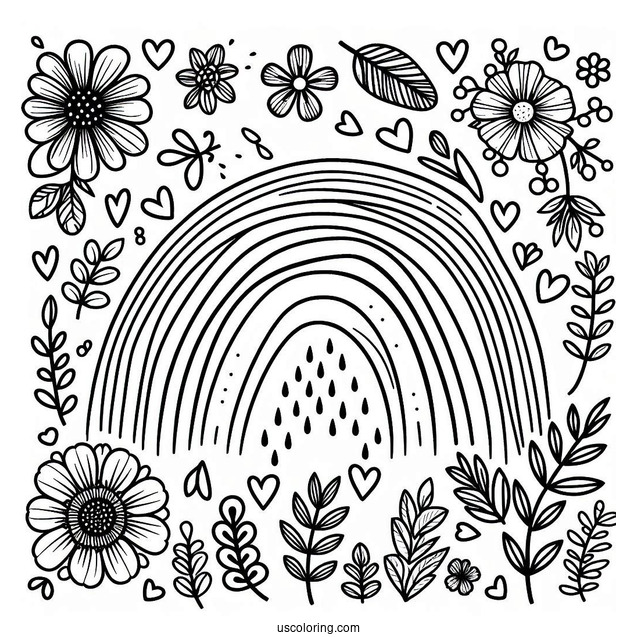 Easy Rainbow With Flowers Coloring Page For Preschoolers