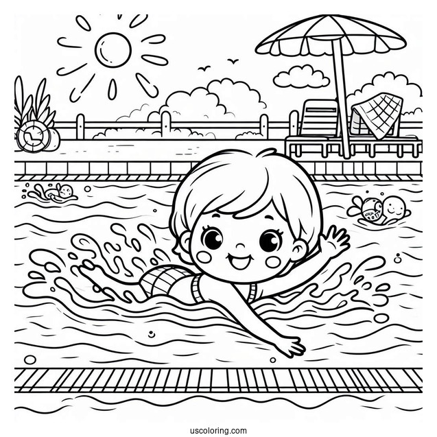 Kids Swimming Coloring Page In The Pool