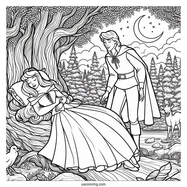 Sleeping Beauty Coloring Page Of Prince Philip Courting Aurora In The Forest