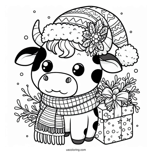 Christmas Themed Cow Coloring Page