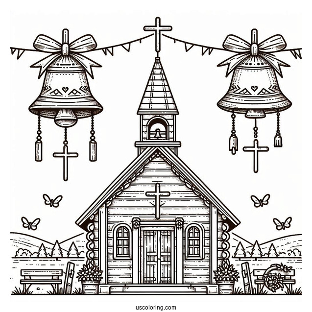 Simple Church Coloring Page With Crosses And Bells For Kids