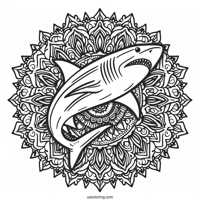 Mandala With Shark Coloring Page Outline